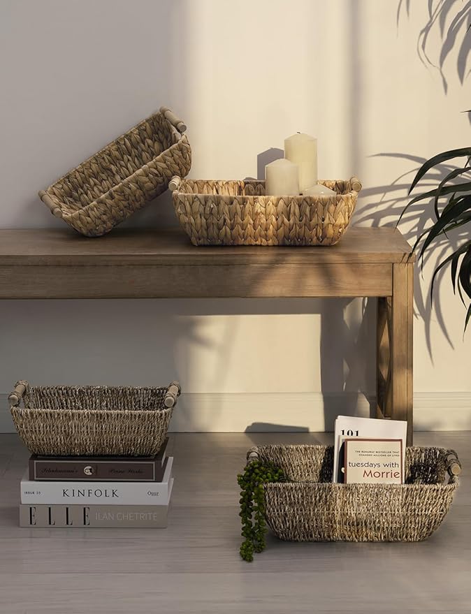 StorageWorks Hand-Woven Large Storage Baskets with Wooden Handles, Water Hyacinth Wicker Baskets for Organizing, 2-Pack