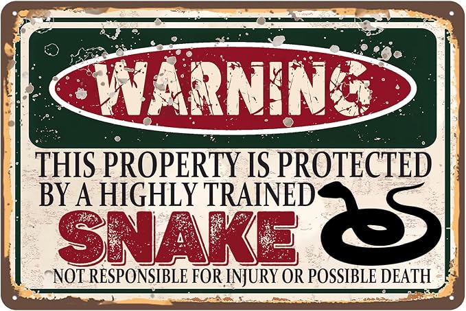 Vintage Snake Metal Sign Wall decor | Warning this property is protected by a highly trained Snake Sign Funny Tin Signs 12x8 Inch