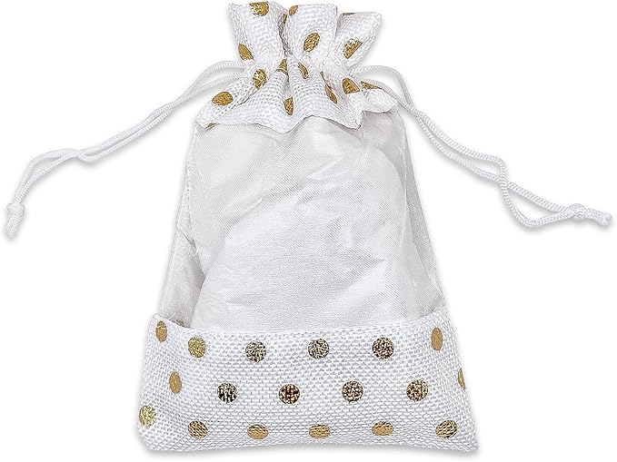 12-Pack Medium Linen Burlap & Organza Gift Bags w. Drawstrings (5x7 in, White/Gold Polka) - Party Favors, Presents, Samples & Treats Mesh Pouch by The Display Guys