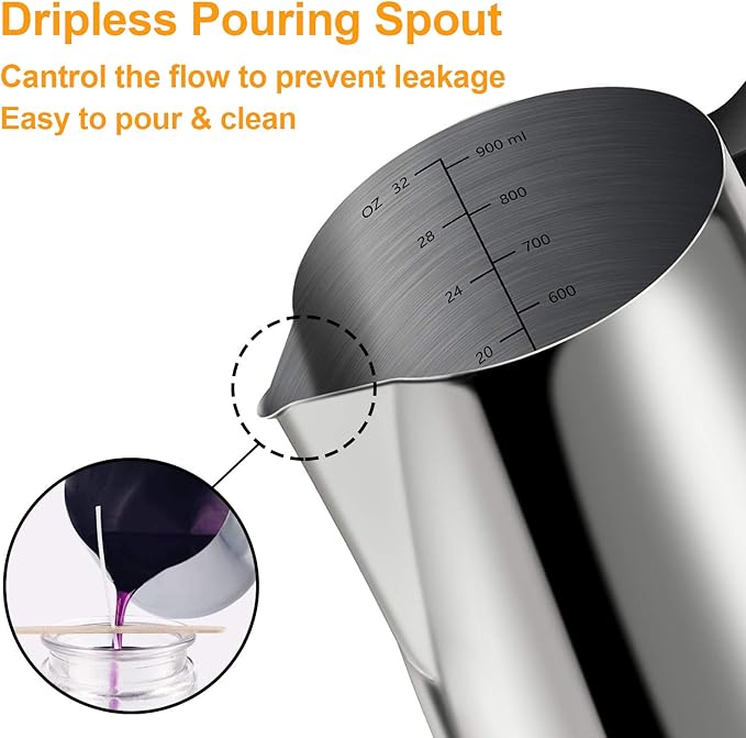 Candle Making Pouring Pot, 32oz Double Boiler Wax Melting Pot, 304 Stainless Steel Candle Making Pitcher with Heat-Resistant Handle and Dripless Pouring Spout Design
