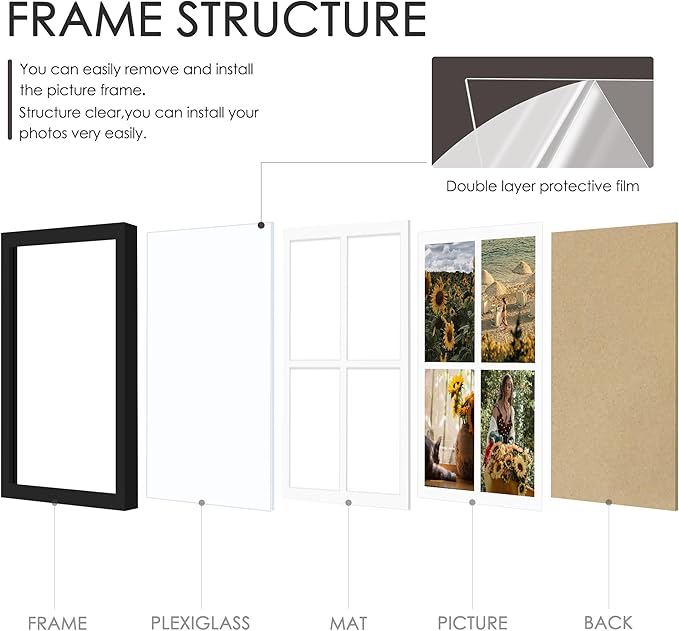 12x16 Picture Frame, 5x7 Collage Picture Frame, Displays Four 5x7 inch Photos, or 12x16 (Without Mat) for Available Horizontal Wall Mounting Display and Vertical, Black.