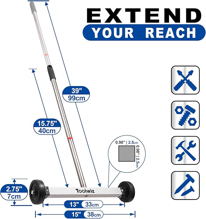 Toolwiz 15" Rolling Magnetic Sweeper 10lbs, with 8 lbs Telescopic Magnetic Pick Up tools with LED light– Telescoping Holder to Pick Up Nails Magnetic Sweeper for Construction