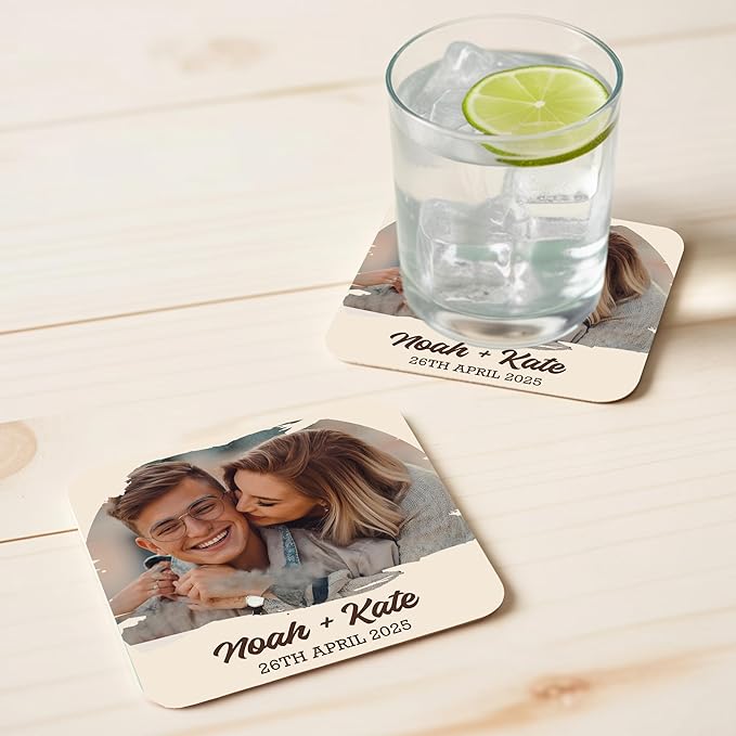40 Pack Personalized Wedding Coasters, Custom Cardboard Coasters for Drinks with Photo Print and Text, Keepsake Wedding Favors and Gifts for Couples, 4x4 Square, Design 3