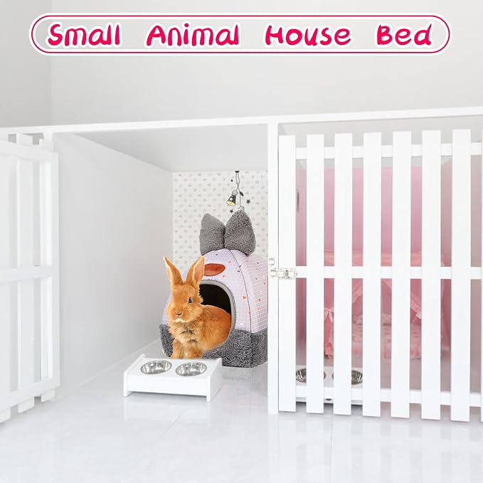 Bunny Bed Hideouts House Ferrets Rats Hedgehogs Chinchilla Cage Accessory for Rabbit Guinea Pig Hamster Cozy and Warm Rabbit Bed with Cute Bowknot Rabbits Hamster Bunny Grey Grid ﻿