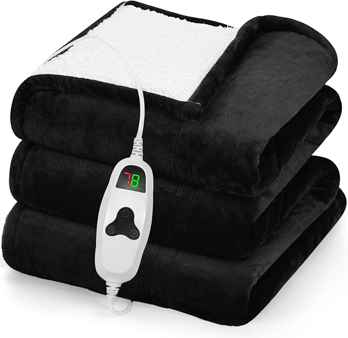 greenoak Heated Blanket Electric Full 72"X84", Heating Blanket with 10 Heat Levels 1/2/4/6/8 Hours Auto-Off, Soft Flannel Sherpa Warm Heater Christmas Blanket, Lacquered Black