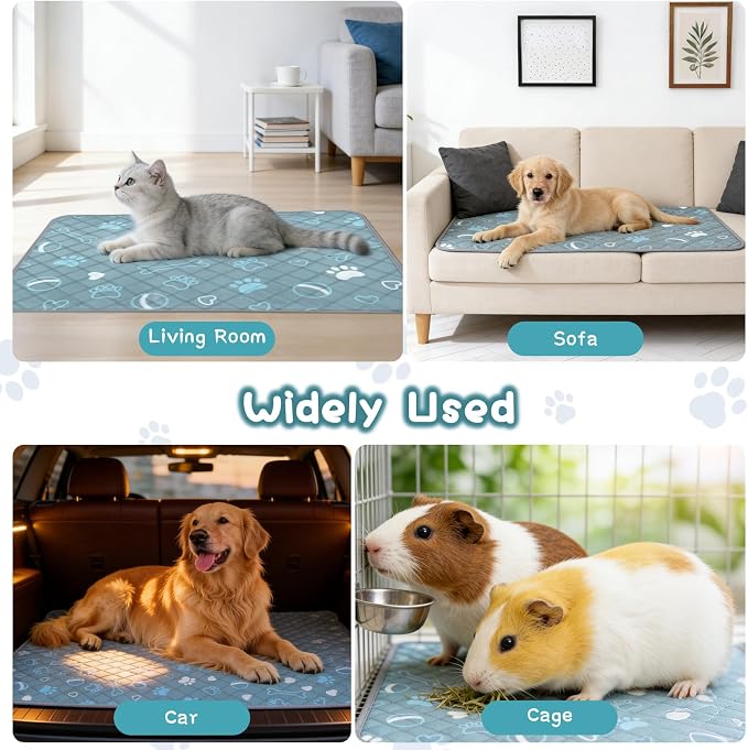 3 Packs Washable Guinea Pig Cage Liners with with Paw Print, Waterproof Guinea Pig Pee Pads Reusable Absorbent Bedding Anti Slip Mats for Small Animals Bunny Rabbit Hamster (Blue, 47 x 24in)
