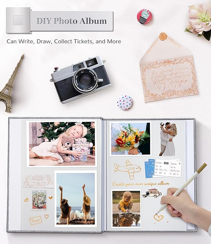 Photo Album Self Adhesive Scrapbook Album for 3x5 4x6 5x7 8x10 Pictures, 60 Pages Linen Cover with Display Window DIY Photo Book,Ideal Gifts for Family Travel Wedding Baby