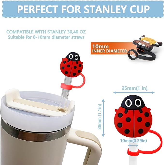 Animal Straw Toppers For Stanley Cups;Straw Covers Cap Toppers Compatible With Stanley 30&40 Oz Tumbler, Reusable & Silicone Tumbler Straws Topper For 0.4 Inch Tips Animal Lover Gifts (Ladybug)