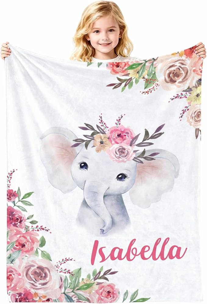 Personalized Elephant Rose Baby Blankets, Custom Baby Blanket with Name for Baby Girl, Newborn Baby Girls Blankets Custom, 30"x40"