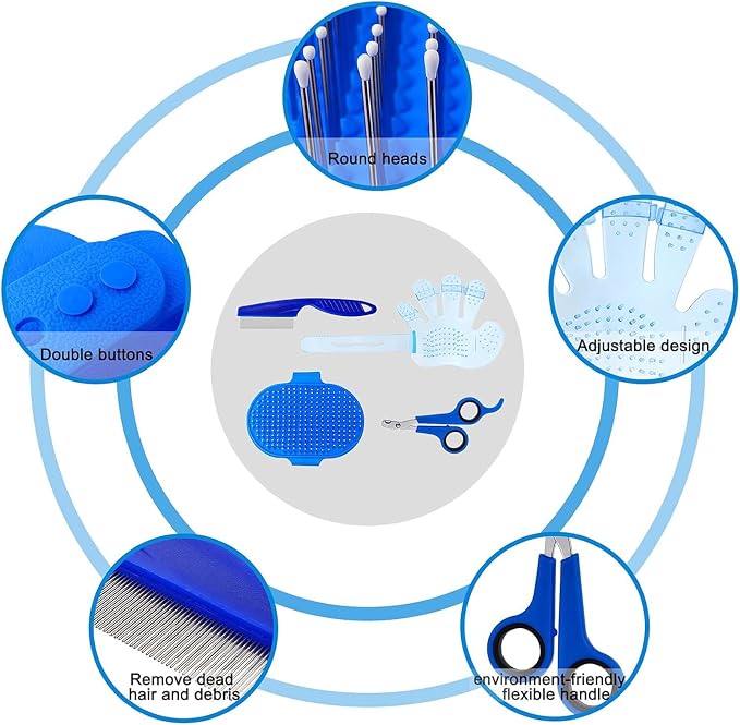 Patelai 4 Pieces Bunny Grooming Kit Rabbit Nail Clipper Rabbit Brush Hair Remover Shampoo Brush with Adjustable Ring Handle for Rabbits Guinea Pig Hamsters Puppy Kitten Hamster Ferret(Blue)