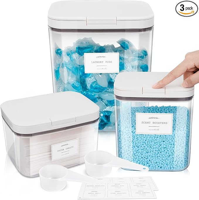 3 Pack Laundry Powder Containers & Dryer Sheet Holder with Lids & Labels - Airtight Laundry Room Organization and Storage Jars for Pods, Scent Beads, Balls, Detergent