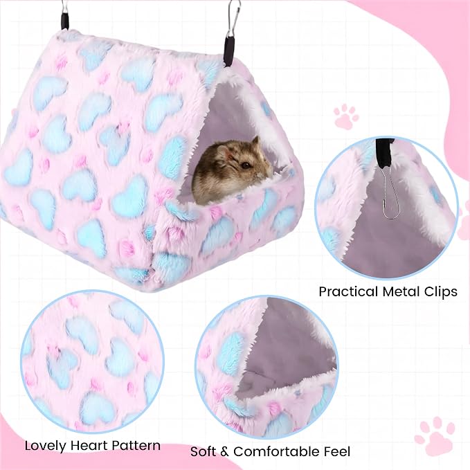 MCEAST 4 Pieces Small Pets Cage Accessories Hanging Hammock Sleeping Bag Tunnel and Bed Hideout Set Warm Sleep Nap Sack Bed for Hamster Ferret Squirrel Rabbit, Pink Hearts