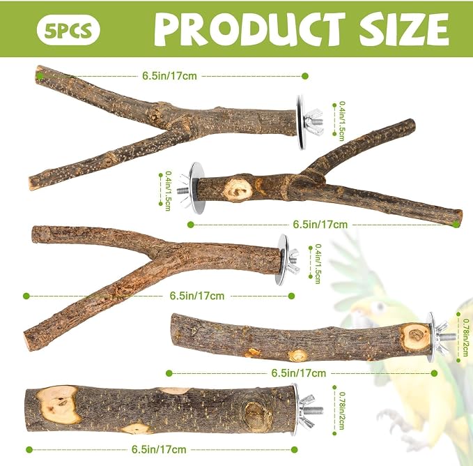 5 Pcs Natural Wood Bird Perch Stand Set for Bird Cages | Ideal for Small/Medium Birds (Budgies, Conures) | Bark Textures for Foot Health | Tool-Free Wing-Nut | Safe Chewing