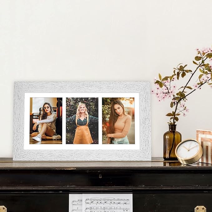 8x16 Picture Frame Display 3 opening Picture Frame 5x7 Collage,Multi Photo Frame with Mat,Plexiglass,Horizontal and Vertical Formats for Wall Decor,Distressed White Wood Grain