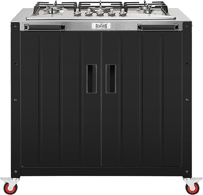 Feasto Gas Grill, Movable Outdoor Gas Stove Stainless Steel Top with Cabinet, 5 Burners with 36,200 BTUs, Outdoor Propane Grill for Outdoor Cooking, Ideal for Lawn & Garden, L35.4 x W24