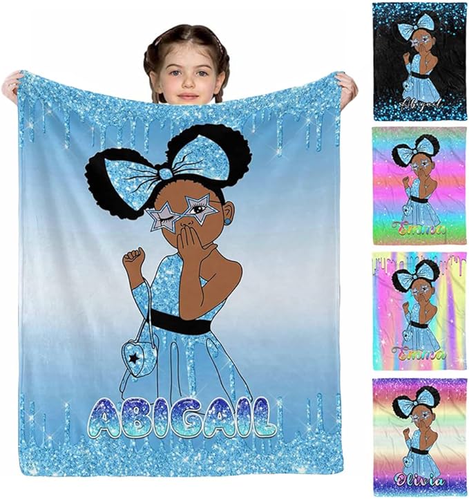 D-Story Custom Name Blanket Personalized Blanket and Throws Black Girl Blanket Customized Blankets with Name Text for Adult Kids Gift for Newborn, Toddler on Baby Birthday