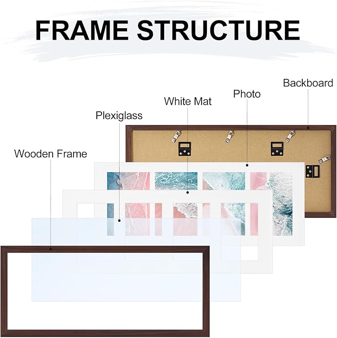 Vittanly 8x20 Collage Picture Frame, Displays 4Pcs 4x6 Pictures with Mat or 1Pcs 8x20 without Mat, Picture Frames Collage Wall Decor for Horizontal or Vertical Display, Brown, 1 Pack