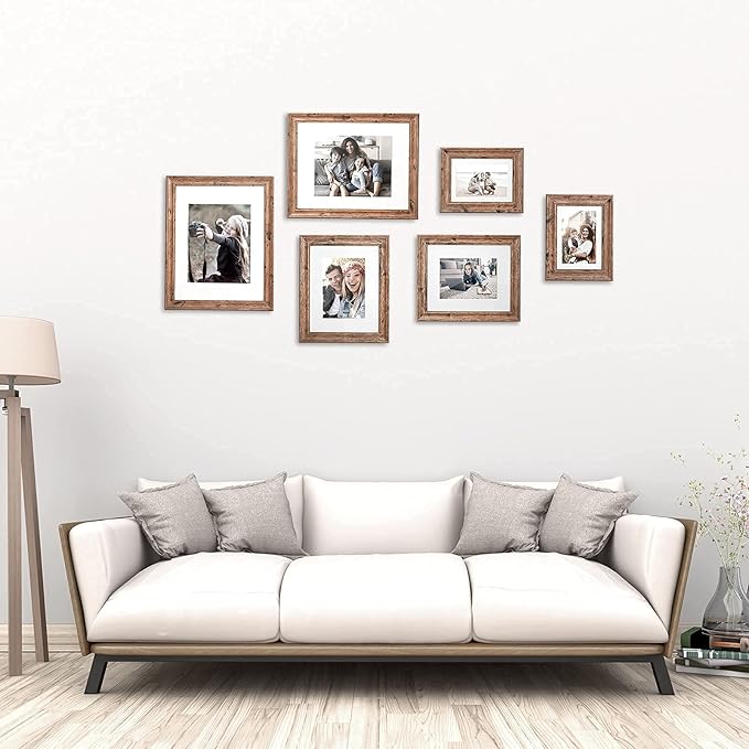 TWING 8x10 Picture Frame Set of 6, Vintage Walnut Photo Frames Display Pictures 5x7 with Mat or 8X10 Without Mat, Tabletop Display and Wall Mounting Home Decorative Photo Frames Pre-Installed, Walnut