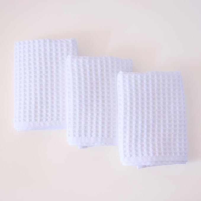 PÜSKÜL - Set of 3 Organic Waffle Hand Towel White - Premium Quality, 100% Turkish Cotton, Soft, Quick-Dry, Absorbent, Lint-Free Face Kitchen Hand Towels (White, Hand Towels - Pack of 3)