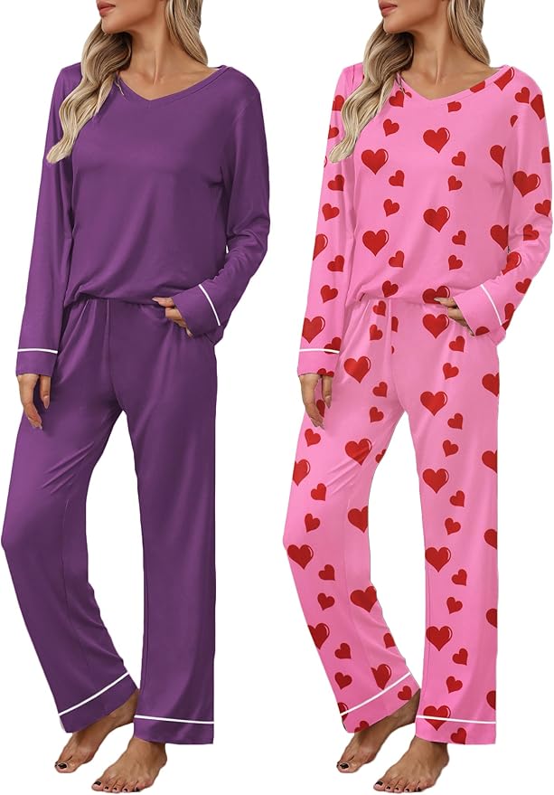 Ekouaer Womens 2 Pack Pajama Set Long Sleeve Pajamas Top and Pants V Neck Pjs Set Soft Loungewear with Pockets
