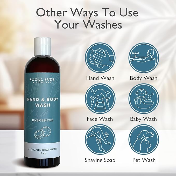 SoCal Suds & Company Organic Shea Butter Body Wash – Fragrance Free Liquid Soap for Hand & Body, Moisturizing Shower Gel, Body Wash for Women, Men & Unisex, Gentle Skin Care & Protection - (12oz)