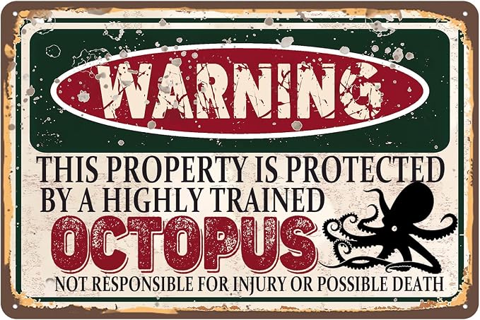 Vintage Octopus Metal Sign Wall decor | Warning this property is protected by a highly trained Octopus Sign Funny Tin Signs 12x8 Inch