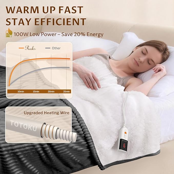 Reaks Electric Heated Blanket Full Size, Silky Soft Flannel & Sherpa Heating Blanket with 9 Heat Levels & 2-10 Hours Auto Off, Warm Gifts for Women Mom Grandma, ETL Certified (72x84 inches, Grey)