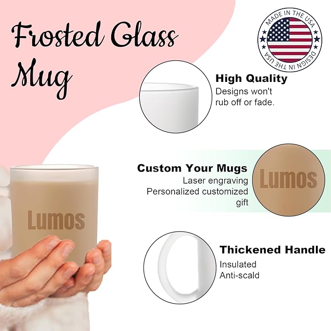 Personalized Coffee Mug Engraved with your Custom Text - Customized 11oz Frosted Glass Mugs, Hot Chocolate Mug, Tea Cup, Birthday Gifts, Retirement Gift (Engraved Custom Text, Frosted)