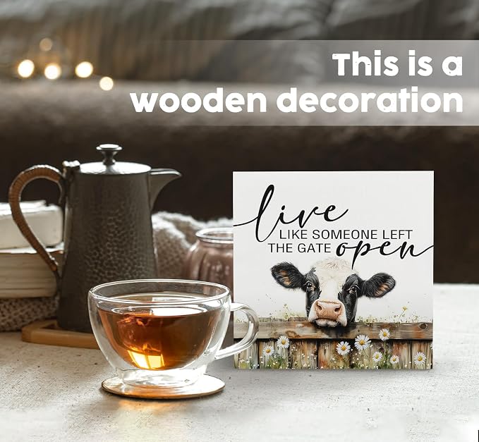 Cow Signs - Farm Cottagecore Animal Office Kitchen Bedroom Decor,Rustic Farmhouse Live like Someone Left the Gate Open Home Decor Wooden Signs,Cow Gifts for Women,6x6