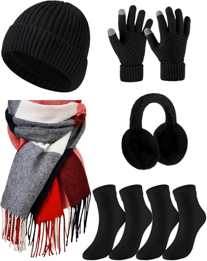 Geyoga 6 Pcs Winter Hat Scarf Gloves Set Knitted Touchscreen Gloves Plaid Scarf Earmuffs Socks Gift for Women Men