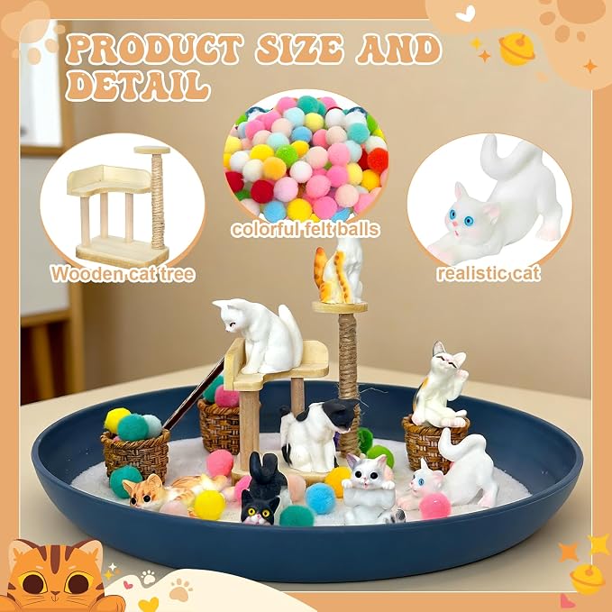 Zen Garden for Desk for Cat Lover Gifts | with Tray Sand Tools Cat Figurines DIY Micro Landscape Ornaments Miniature Meditation Sand Garden Stress Relief Desk