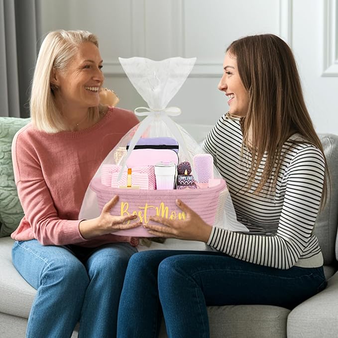 HUTARIO Personalized Woven Christmas Burr Basket Embroidered Name with Gift Bags and Ribbons,Empty Small Rope Basket，Durable Storage Custom Pink Basket with Handles for Baby Showers,12"×8"×5"