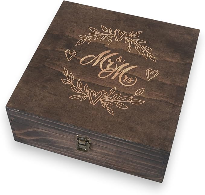 Mr and Mrs Wedding Memory Box -Wooden Keepsake Box with Lid for Couples - Rustic Storage Box for Cards, Photos, Vows, and Mementos – Ideal for Wedding, Engagement, or Anniversary