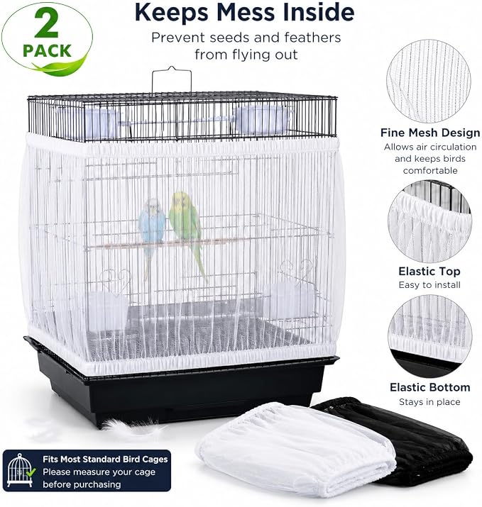 RAINFLOW 2 Pack Bird Cage Seed Catcher - Adjustable Bird Cage Skirt | Black & White, Fits 55-100 in Circumference, 16 in High, Breathable Seed Guard for Parrot, Parakeet and Cockatiel Cages