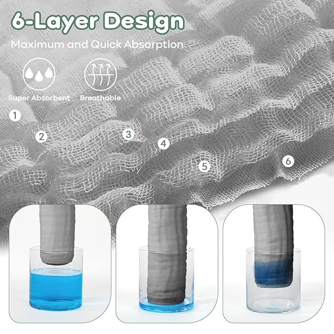 Yoofoss Muslin Baby Washcloths 100% Organic Cotton Face Towels 6 Pack Wash Cloths for Baby 12x12in Soft and Absorbent Baby Wipes (Grey)