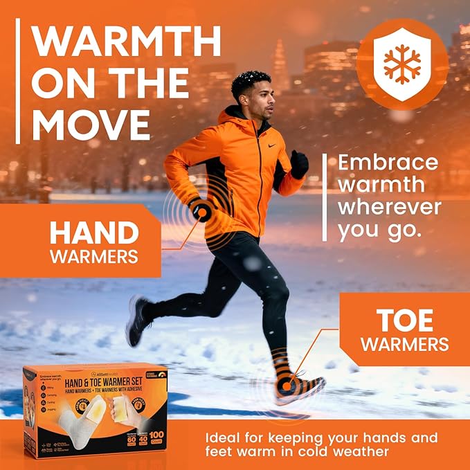Hand and Toe Warmers Variety Pack – 100 Piece Set with 30 Pairs Hand Warmers and 20 Pairs Adhesive Toe Warmers – Long Lasting Heat Packs for Cold Weather, Work, Skiing, Travel and Stadium Events