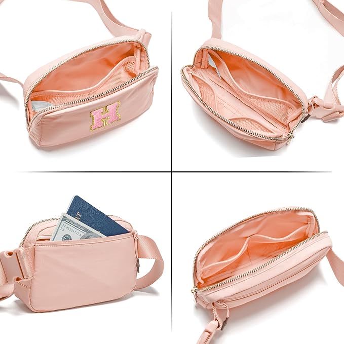 Gitus 6 7 8 9 10 Year Old Girl Gifts Belt Bag Fanny Pack Crossbody Bags with Initial Letter Patch Things for Teen Girls Easter Gifts for Girls Travel Essentials（Coral Pink-H）