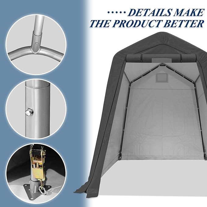 COVERONICS 6' x 7' Outdoor Storage Shed - Heavy Duty Portable Shelter Carport with Ventilation Windows and Roll-up Doors, Storage Shelter Tent for Motorcycle, Bike, Lawnmower and Garden Tools, Grey