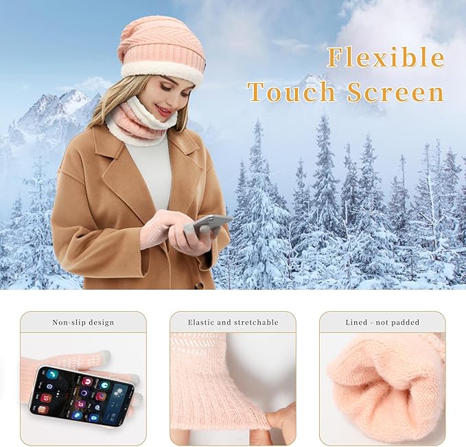 MAYLISACC Winter Knit Beanie Hat Neck Warmer Scarf and Touch Screen Gloves Set 3 Pcs Fleece Lined Skull Cap for Men Women