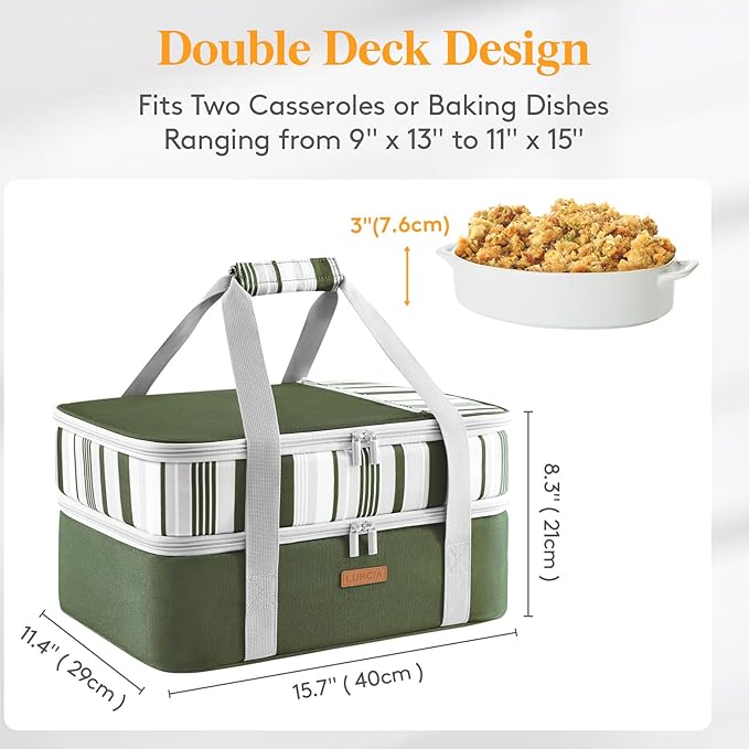 LUNCIA Insulated Double Decker Casserole Carrier, Lasagna Lugger Tote Keeps Food Hot or Cold, Thermal Lunch Bag for Potluck Parties, Picnic and Cookouts, Fits 9" x 13" Baking Dish, Dark Green