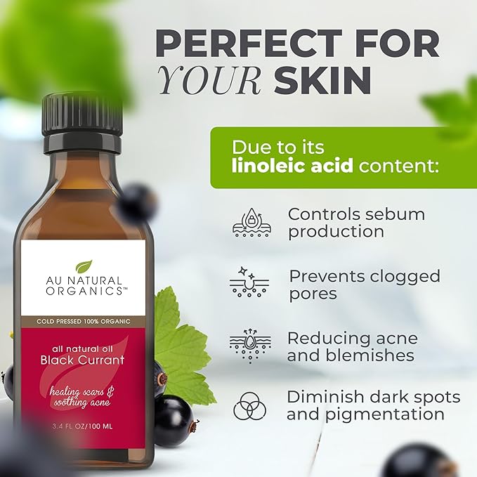 Au Natural Organics Black Currant Seed Oil for Eczema – 100% Pure Organic Cold Pressed Black Current Oil GLA for Skin | Support Immune Health, Blood Flow, Tissue Repair | Edible & Hexane Free | 100ml