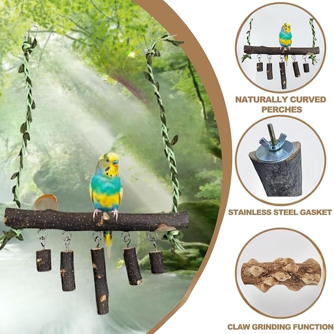 Bird Perch Set, 6 Pack Natural Apple Wood Cage Accessories with Platforms & Swing for Parakeets, Cockatiels, Conures, Budgies, for Climbing, Chewing & Exercise