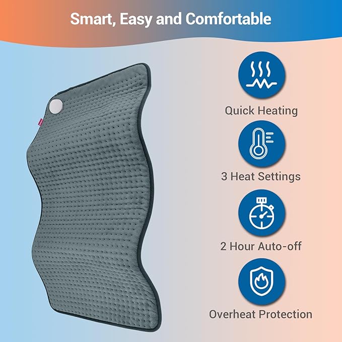Comfytemp 17''x 33'' King Size Heating Pad for Back & Period, Extra Large Cute Heating Pad XXL, Electric Heat Pad for Neck/Shoulder/Knee, Washable, Gray