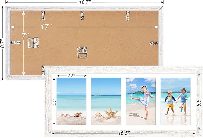 7x17 Collage frame with 4 Openings 4X6 Pictures, Multiple Picture Frame with Mat, Wall or Tabletop Decor, White Wood Grain,2 Pack