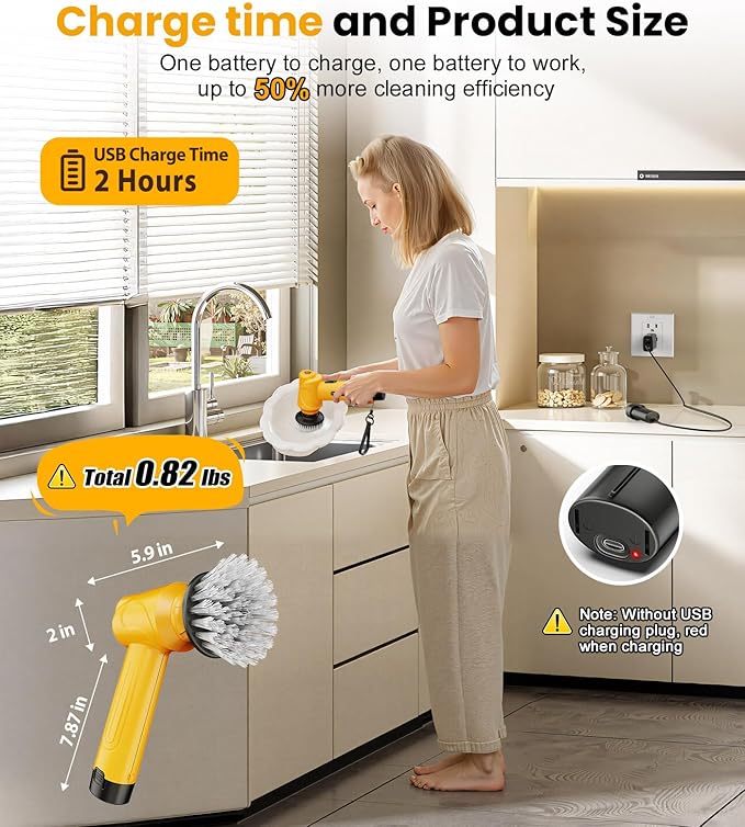 qimedo 5000mAh Battery Electric Spin Scrubber Q4, Handheld Scrubber for Cleaning with Display, Power Dish Scrubber with 5 Heads, Shower Cordless Cleaning Brush for Bathroom/Sink/Window