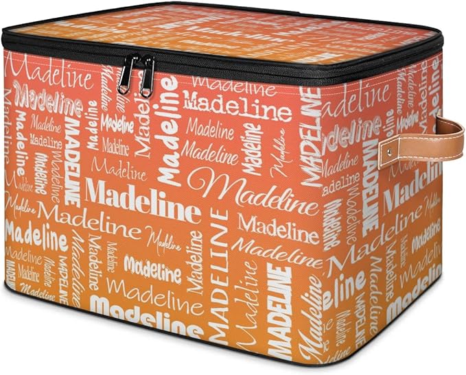 Custom Storage Basket with Name, Personalized Keepsake Box with Zipper Lid, Foldable Fabric Memory Bin Large capacity with Handle Orange