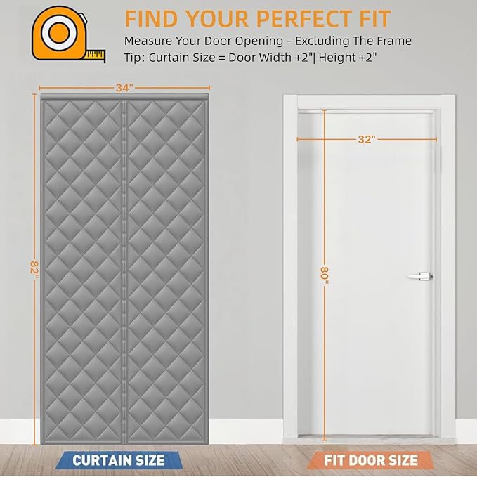 Magnetic Thermal Insulated Door Curtain 34''x82''-Fits 32''x80'' Door Opening, Cotton-Filled Weatherproof Oxford, Thermal Curtain for Winter, Keep Cold Out, Drill-Free & Easy Install-2Pack