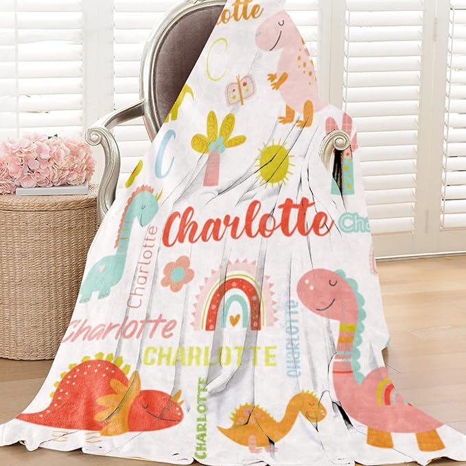 Personalized Dinosaur Blanket with Name for Girl, Custom Name Blanket for Kids, Soft Flannel Pink Dinosaur Toddler Blanket Customized Gift for Birthday Christmas Baby Shower Newborn Gift 60" X 80"