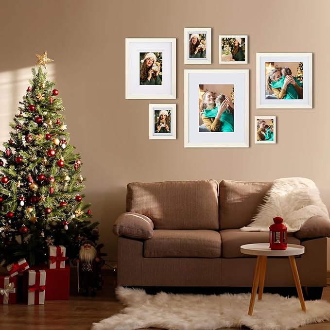Egofine 8x10 Picture Frames Set of 4, Made of Solid Wood Covered by Plexiglass 4x6 and 5x7 with Mat or 8x10 without Mat, for Table Top Display and Wall Mounting Photo Frame Beige