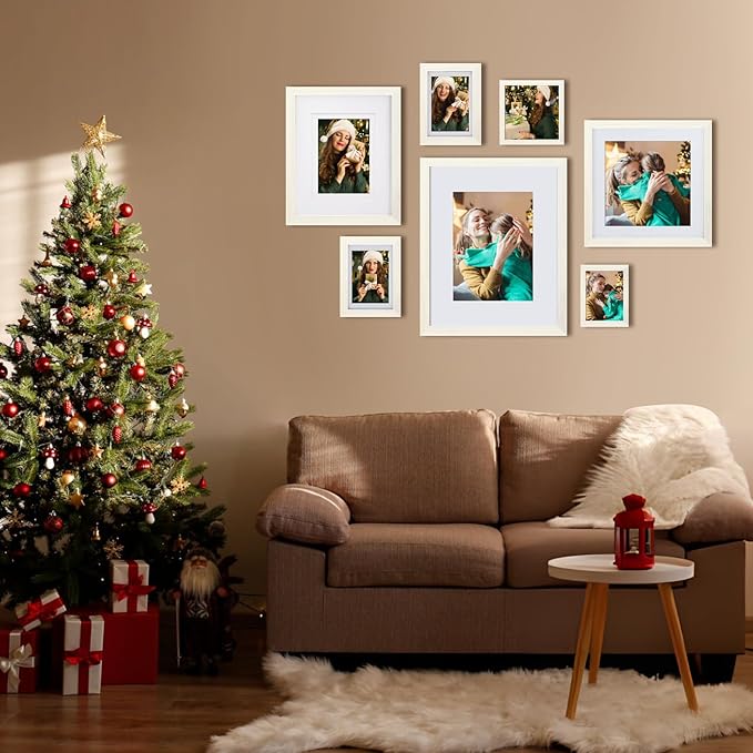 Egofine 5x7 Picture Frames Set of 4, Made of Solid Wood Covered by Plexiglass 3.5x5 and 4x6 with Mat or 5x7 without Mat, for Table Top Display and Wall Mounting Photo Frame Beige